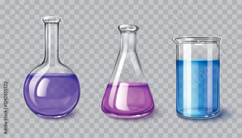 Lab glassware set isolated on transparent background. Vector realistic illustration of 3D glass beaker, flask, tube with chemical liquid inside, medical science laboratory, equipment for biology tests