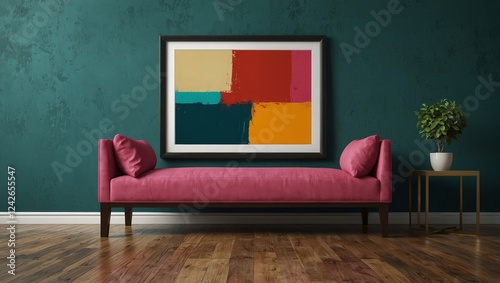 Horizontal blank frame on a bold, colorful wall, ideal for mockup displays in modern artistic settings