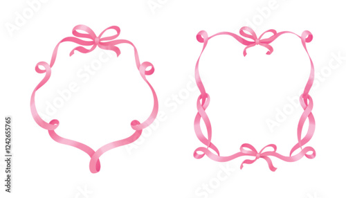 Coquette pink ribbon frames with elegant bows - delicate curled borders, graceful twisted patterns and decorative knots on white background. Realistic romantic design elements for feminine projects.