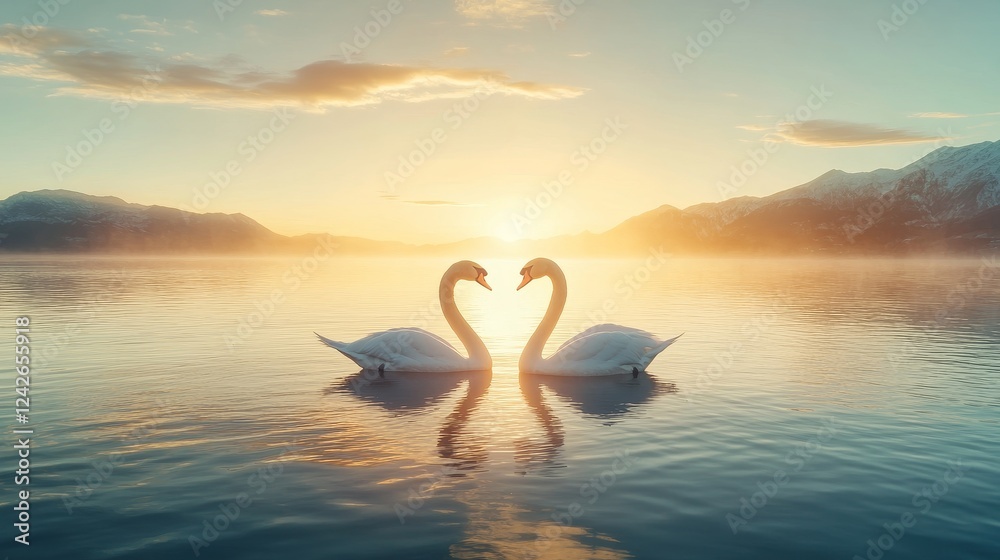 Fototapeta premium Swans Heart Sunrise Lake - Two swans create a heart shape at sunrise over a tranquil lake, symbolizing love, peace, serenity, beauty, and nature's wonder.
