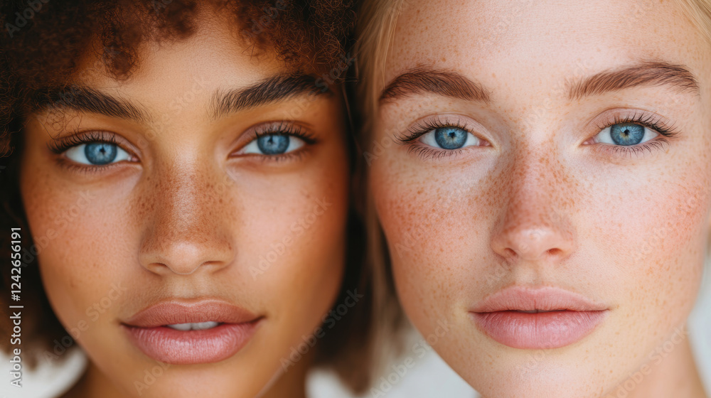 Close Up Portrait of Young Multiracial Females with Freckles and Blue Eyes Close Up Portrait of Young Multiracial Females with Freckles and Blue Eyes