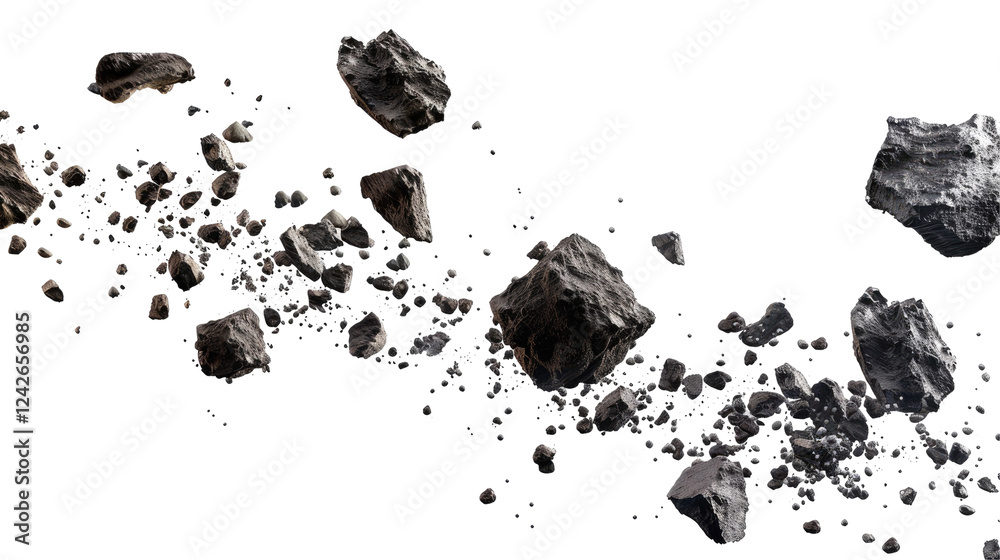 Cluster of Asteroids Floating in Space isolated on transparent white background, clipping path Cluster of Asteroids Floating in Space isolated on transparent white background, clipping path