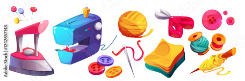 Sewing accessories cartoon collection - electric iron and pins, blue machine, yarn ball and plastic colorful buttons, needle and thread spools, folded fabric, scissors. Textile crafting equipment.