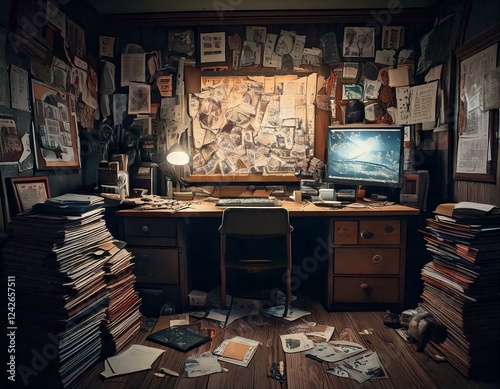 汚くて暗い不気味な部屋とパソコンモニター