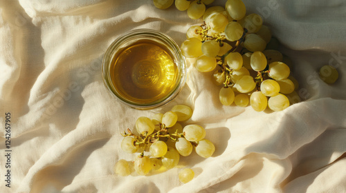 Elegant setup of cold pressed grapeseed oil in glass jar with fresh yellow grapes on soft fabric background, creating serene and inviting atmosphere