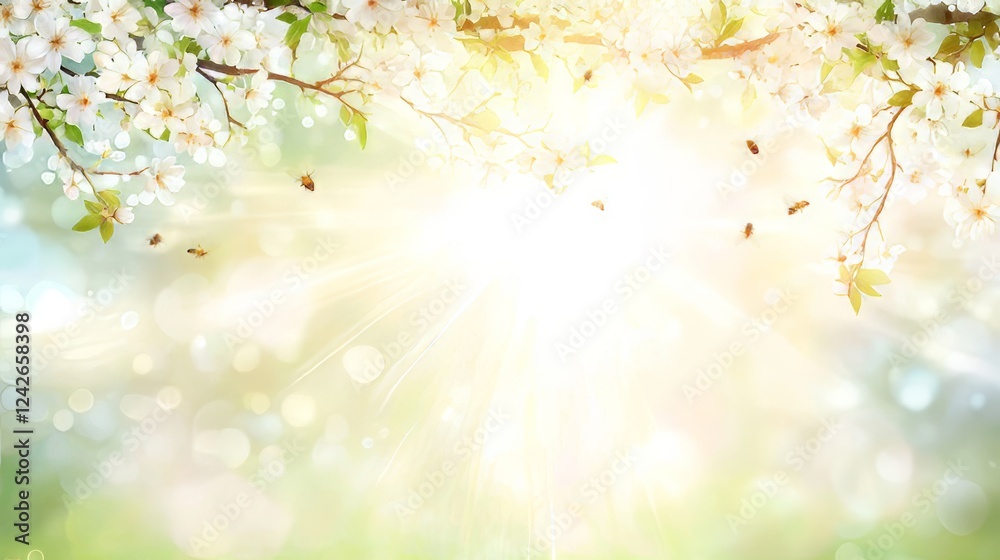 Fototapeta premium Spring Blossoms Sunlight Bees Vibrant Nature Scene