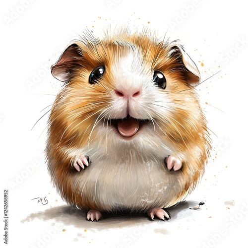Happy Guinea Pig Portrait: A whimsical illustration of a fluffy guinea pig with a wide, toothy grin, capturing the playful and joyful personality of this popular pet.  
