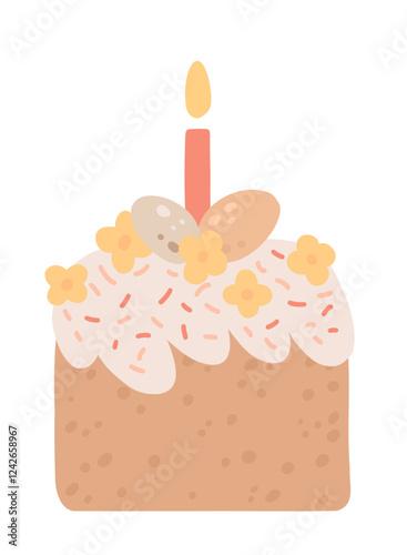 Easter cake decorated with flowers, eggs and candle. Cute Easter greeting card template. Vector illustration isolated on white background.