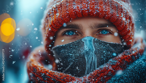 A close-up portrait of a person in warm clothing, surrounded by snowflakes in a winter setting, Generative AI