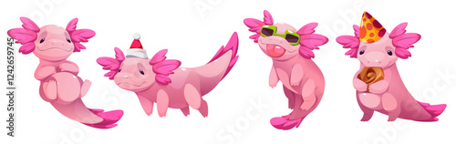 Cute axolotl characters set isolated on white background. Vector cartoon illustration of kawaii style pink salamander animals relaxing, wearing Santa hat, sunglasses, eating cake, education mascot