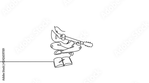 Girl with a guitar single line drawing animation. Continuous one line art of music song writer concept. Woman sing and arrange songs notes with a pen and paper. Animation video