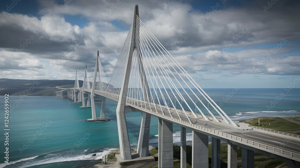 Fototapeta premium Modern cable-stayed bridge spanning tranquil blue water under cloudy sky