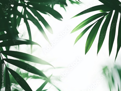 Lush green palm leaves backlit, botanical garden, bright background, design element