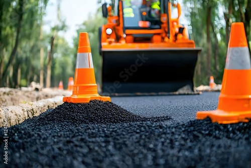 Road Construction Asphalt Paving Project Orange Cones Machinery Work