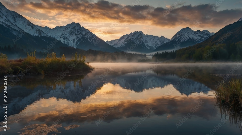 Serene Mountain Lake at Sunrise: Misty Reflection Serene Mountain Lake at Sunrise: Misty Reflection