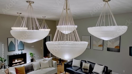 A living area with large, sculptural chandeliers or pendant lights as the main design feature.