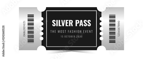 Silver pass template. Cinema, theater, casino, concert, opera, ballet, performance chrome design. Vector illustration on white background