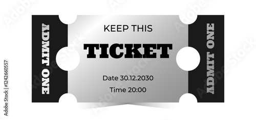 Silver ticket template. Cinema, theater, casino, concert, opera, ballet, performance chrome design. Admit one. Vector illustration on white background