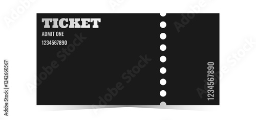 Black ticket with silver text template. Cinema, theater, casino, concert, opera, ballet, performance chrome design. Vector illustration on white background