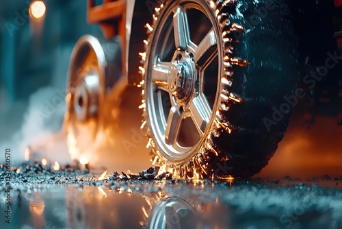 Powerful Wheel Rolling Through Sparks and Smoke Cinematic Action Scene photo