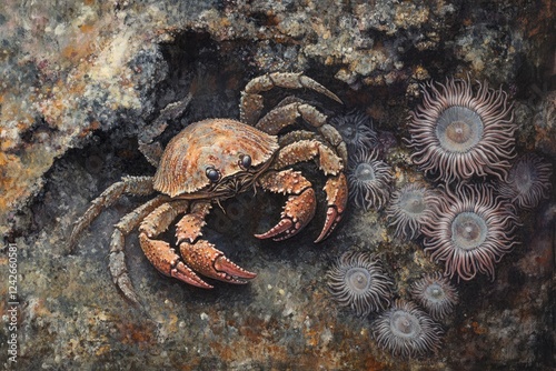 A detailed painting of a crab amidst sea anemones on a rocky seabed. photo