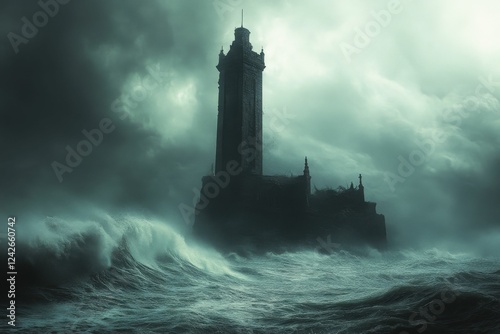 Stormy Seas, Coastal Tower, Gothic Ruins, Generated AI