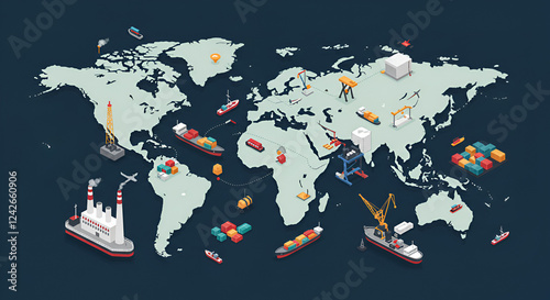 Intricate global value chains connecting manufacturers, suppliers, and distributors across borders - conceptual illustration of international trade and supply