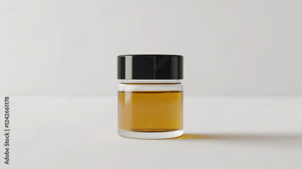 small glass jar filled with golden grape seed oil, featuring black lid, sits elegantly against minimalistic background. This captures essence of natural beauty and wellness small glass jar filled with golden grape seed oil, featuring black lid, sits elegantly against minimalistic background. This captures essence of natural beauty and wellness