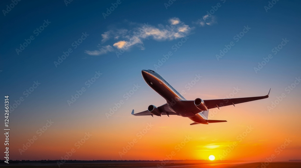 A silver airplane soars into the sky, illuminated by the warm colors of the setting sun. A silver airplane soars into the sky, illuminated by the warm colors of the setting sun.