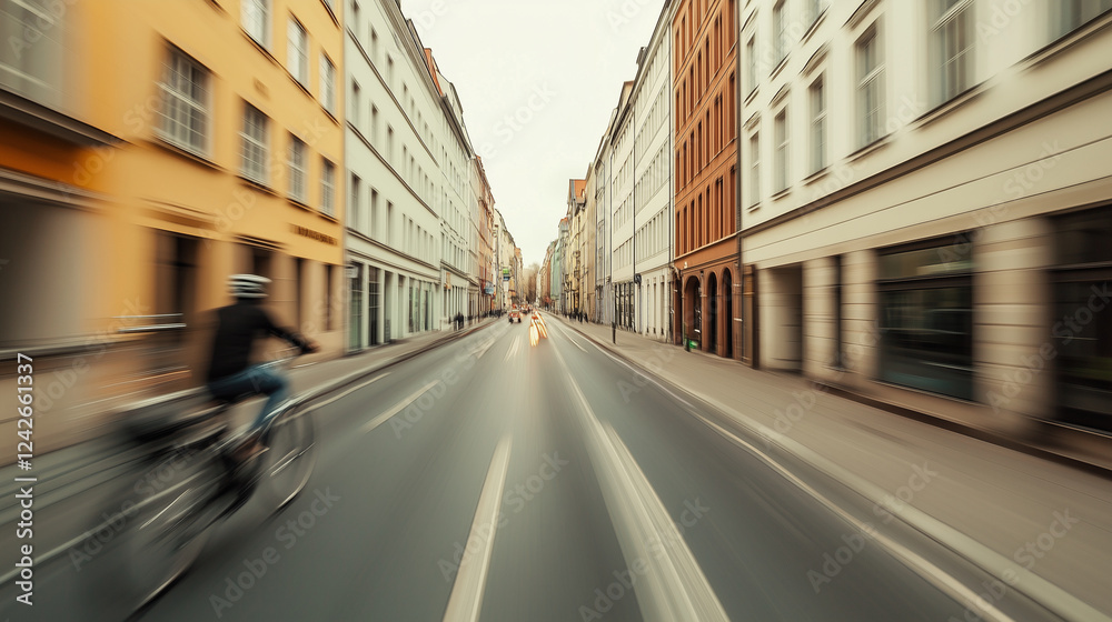 Fototapeta premium A dynamic view from a moving bicycle, capturing city streets, buildings, and houses passing by. A unique perspective symbolizing travel, motion, and urban life.