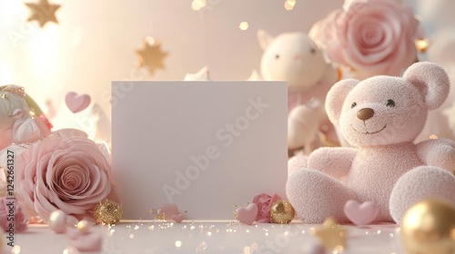 Valentine mockup card and heart background minimal. Delicate Teddy Bear Roses Greeting Card Blank Space for Personalized Message Romantic Soft Pastel Hues.