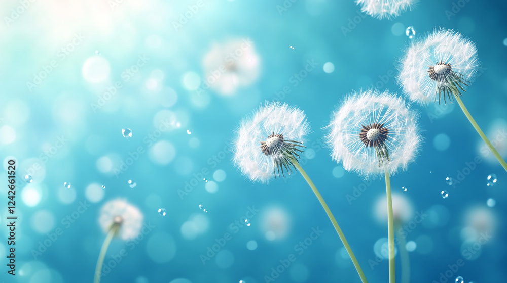 Dandelion seeds with dewdrops on a blue-turquoise background. Soft-focus macro captures sparkling droplets in the light, creating a dreamy, abstract nature scene. Dandelion seeds with dewdrops on a blue-turquoise background. Soft-focus macro captures sparkling droplets in the light, creating a dreamy, abstract nature scene.
