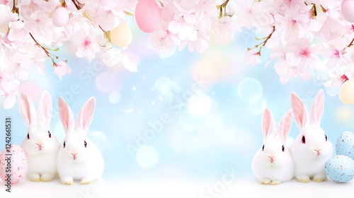 Springtime Easter Bunnies with Cherry Blossoms and Eggs photo