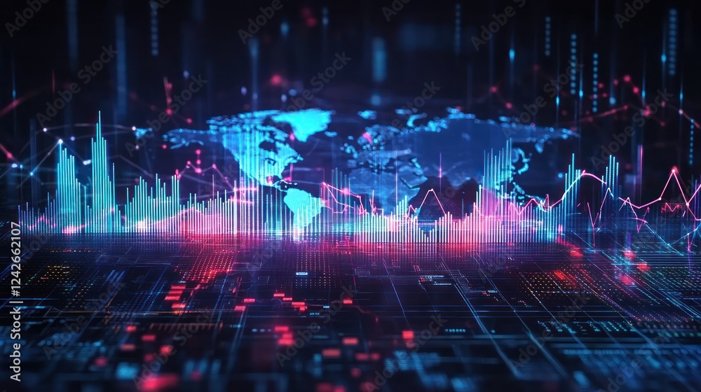 Obraz premium Digital World Map with Data Visualization and Graphs