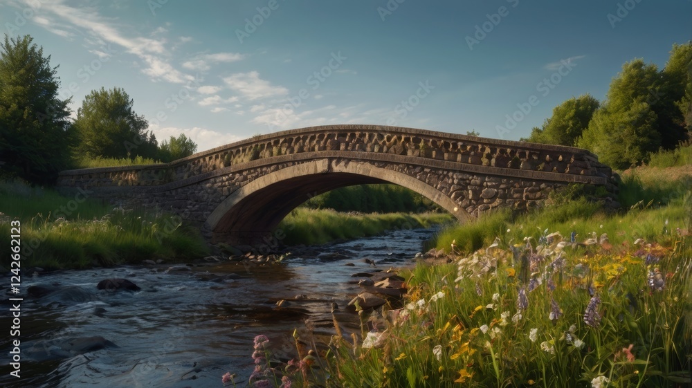 Stone Arch Bridge over a Serene Stream in a Verdant Meadow Stone Arch Bridge over a Serene Stream in a Verdant Meadow