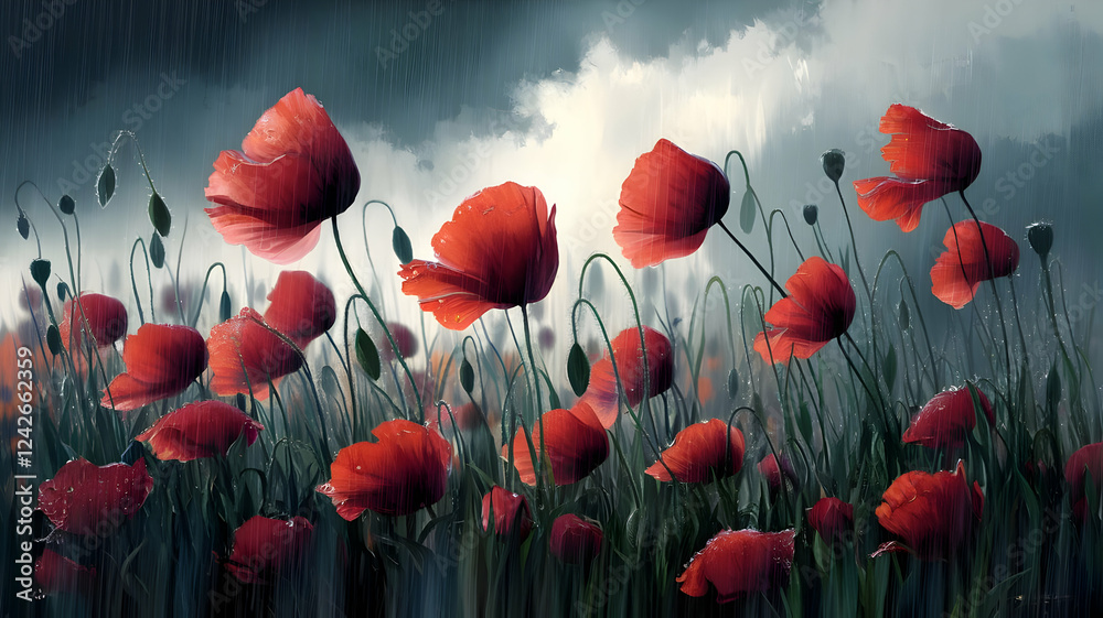 Obraz premium Red poppy flower field under cloudy sky in springtime bloom