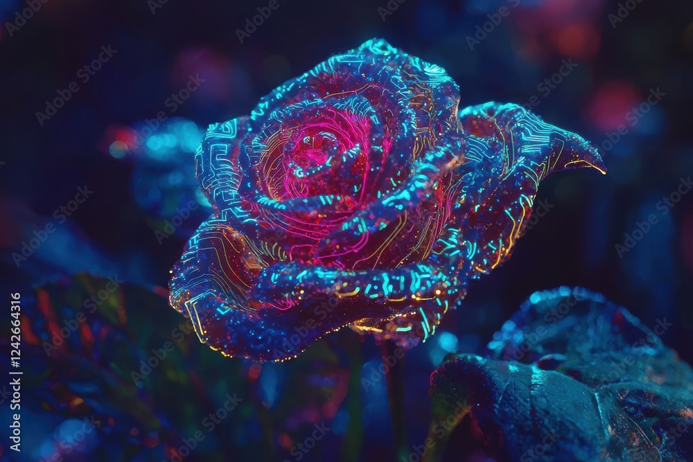 Obraz premium Futuristic Rose with Neon Lights and Circuit Patterns in Dark Background