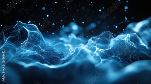 An abstract representation of flowing blue waves with glowing particles, evoking a sense of depth and movement in a digital landscape.