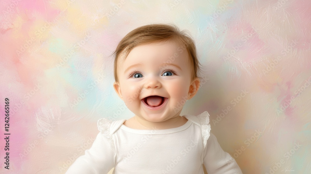 A joyful baby smiles brightly against a soft, pastel-colored background, embodying innocence and happiness. A joyful baby smiles brightly against a soft, pastel-colored background, embodying innocence and happiness.