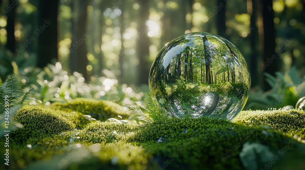 Crystal Globe on Green Moss Surrounded by Lush Forest and Soft Natural Light Creating a Magical Atmosphere in Wilderness Crystal Globe on Green Moss Surrounded by Lush Forest and Soft Natural Light Creating a Magical Atmosphere in Wilderness