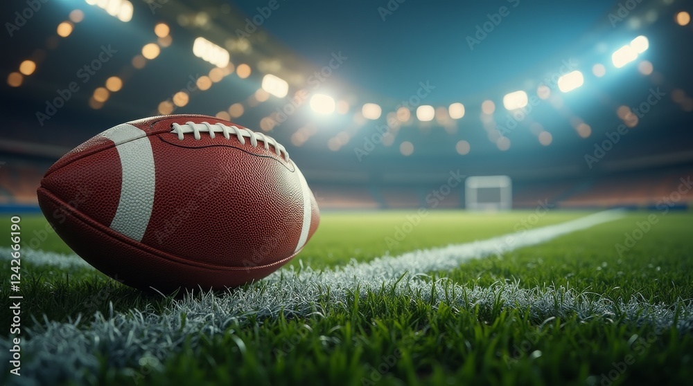 Football on the field with stadium lights, ready for the thrilling match