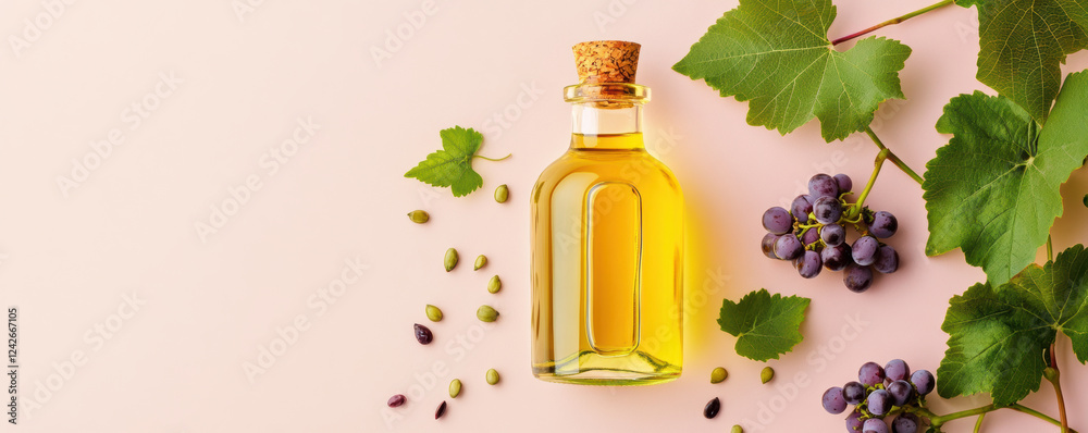 minimal flat lay of grape seed oil in glass bottle surrounded by grapes and leaves, showcasing natural beauty and health benefits minimal flat lay of grape seed oil in glass bottle surrounded by grapes and leaves, showcasing natural beauty and health benefits