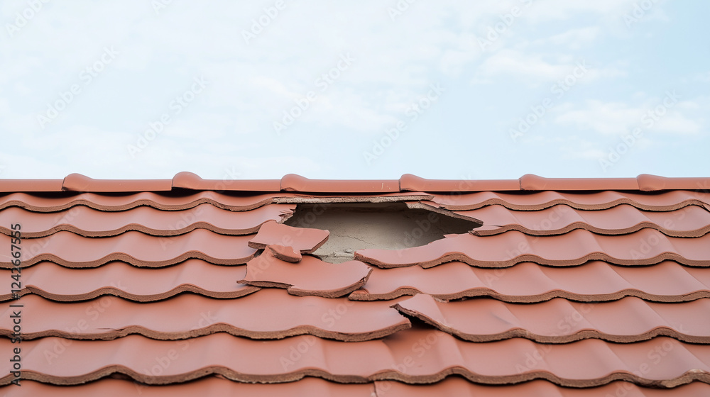 Roof Damage: A close-up view of a damaged roof with broken tiles reveals a gaping hole, signifying the need for urgent repairs. Roof Damage: A close-up view of a damaged roof with broken tiles reveals a gaping hole, signifying the need for urgent repairs.