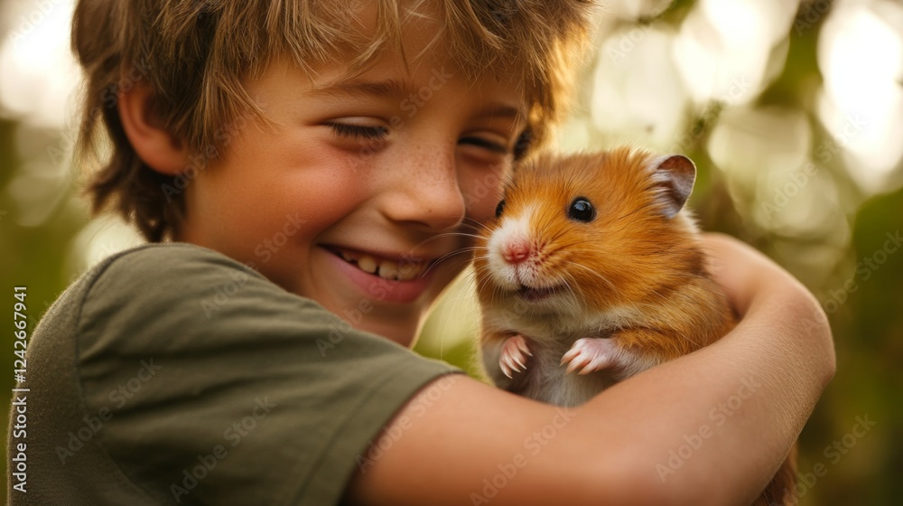 Joyful Moment of Child Gently Holding Pet Hamster Outdoors Joyful Moment of Child Gently Holding Pet Hamster Outdoors