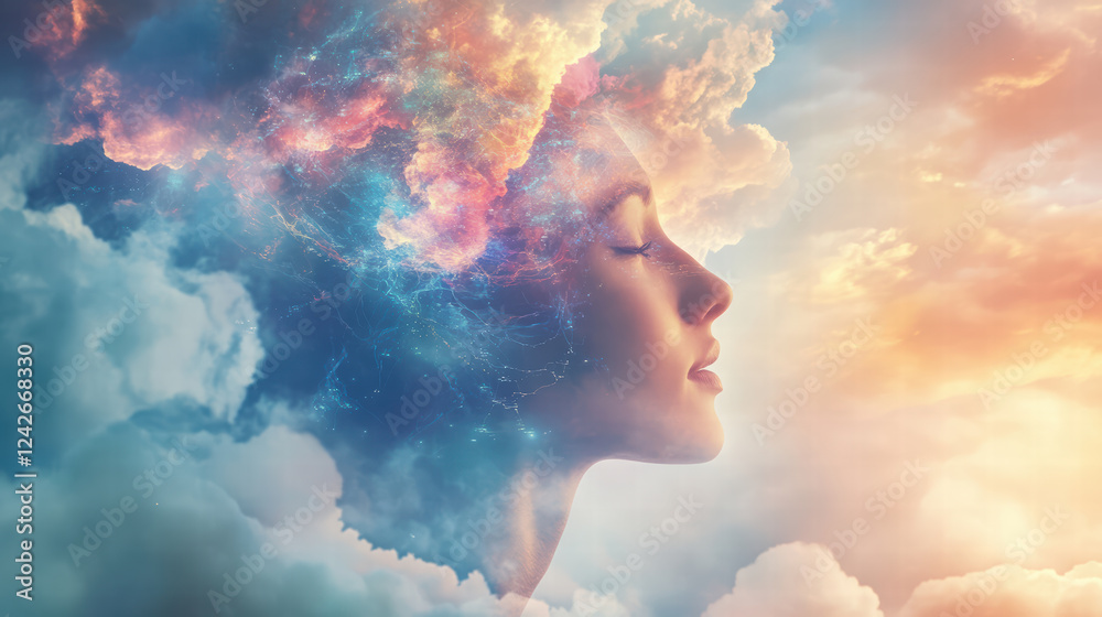 Ethereal visualization of woman with clouds and cosmic elements, representing dreams and imagination. soft colors evoke sense of tranquility and wonder Ethereal visualization of woman with clouds and cosmic elements, representing dreams and imagination. soft colors evoke sense of tranquility and wonder