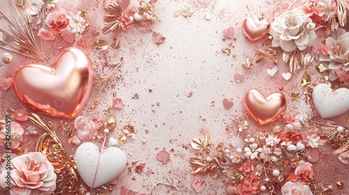 Valentine mockup card and heart background minimal. Ethereal Hearts and Roses Arrangement Romantic Backdrop for Celebratory Occasions and Special Events.