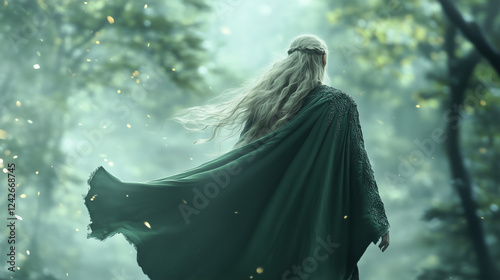 Enchanted Forest Wanderer: A lone figure, cloaked in deep green, with long flowing silver hair, walks away from the camera into a mystical forest. The scene is ethereal. photo