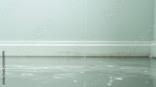 Water Damage: A single, insistent drip of water falls from a ceiling onto the floor, highlighting a potential home repair crisis. The clear, water-filled puddle forms in the light-grey.