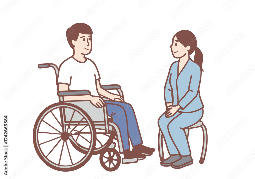 Young man in wheelchair with his wife talking to physiotherapist. Positive prognosis, rehabilitation. Hand drawn style vector design illustrations. Young man in wheelchair with his wife talking to physiotherapist. Positive prognosis, rehabilitation. Hand drawn style vector design illustrations.