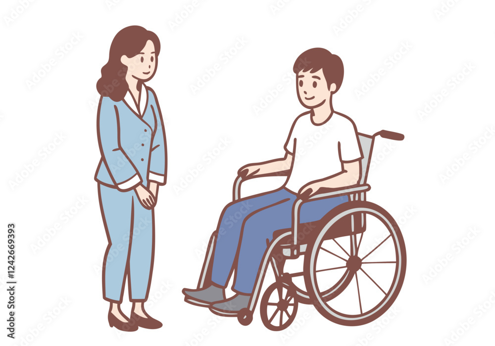 Young man in wheelchair with his wife talking to physiotherapist. Positive prognosis, rehabilitation. Hand drawn style vector design illustrations. Young man in wheelchair with his wife talking to physiotherapist. Positive prognosis, rehabilitation. Hand drawn style vector design illustrations.